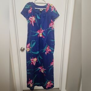 Hilo Hattie Hawaii Blue Maxi Dress with Pink Floral Print Size Medium